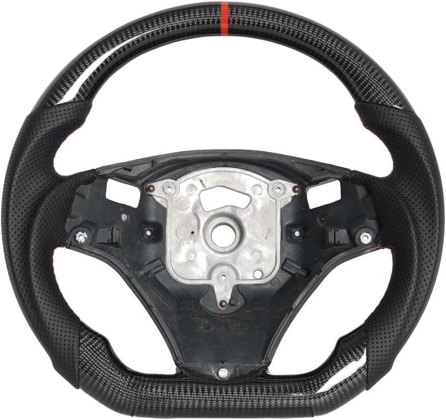 Real Carbon Fiber Steering Wheel, D-Shaped Flat Bottom Steering Wheel with Red Indicate Fit for BMW M3 E90 E92 E93 2005-2012(Large Paddle Shifter Holes Version)