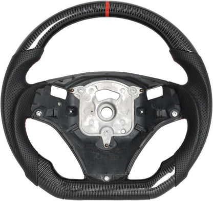 Real Carbon Fiber Steering Wheel, D-Shaped Flat Bottom Steering Wheel with Red Indicate Fit for BMW M3 E90 E92 E93 2005-2012(Large Paddle Shifter Holes Version)