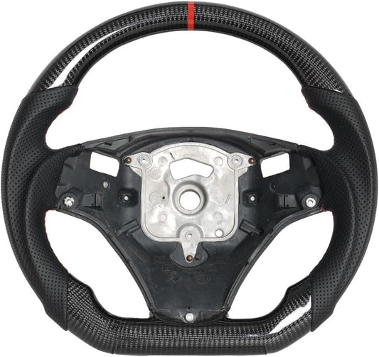Real Carbon Fiber Steering Wheel, D-Shaped Flat Bottom Steering Wheel with Red Indicate Fit for BMW M3 E90 E92 E93 2005-2012(Large Paddle Shifter Holes Version)